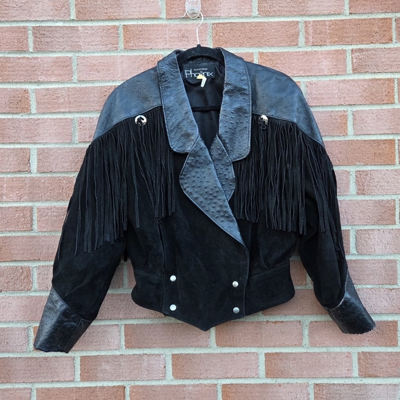 Vintage Jackets & Blazers - Outerwear By Phoenix Suede Fringed Ostrich Print Leather Vintage Women's Jacket